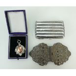 Large hallmarked silver NURSES BUCKLE, CHEROOT CASE & FOB. Gross weight 152.4g.