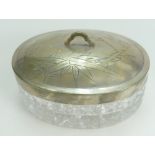 Chinese silver cut glass crystal powder box & cover, h 9cm x d 13cm (unmarked).