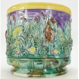 19th century large Majolica Jardiniere decorated with leaping frogs and cranes in marshlands,