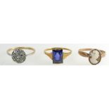 Three Gold rings - 15ct ring with blue stone,
