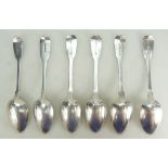 Six Geo. III silver dessert spoons, various dates. Crest & initials. Weight 235g.