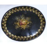 Vintage Toleware handpainted metal oval tray, decorated with flowers on black ground,