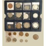 Small collection x 23 UK coins & medallions including silver double florin 1889,