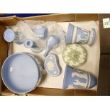 A mixed collection of Wedgwood Jasperware items to include - large footed bowl, candlesticks, bud