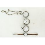 3 x gents silver pocket watches, together with silver ladies wrist watch, all not working or a/f.