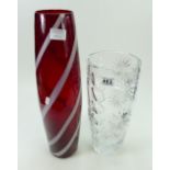 Large heavy cut glass crystal vase together with larger ruby red mid century type similar item. (2).
