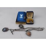 Single silver Albert watch chain with 3 fobs,