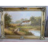 Oil on Canvas county scene inb gilt frame,