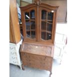 French carved oak 3 drawer bureau bookcase with 2 glazed doors