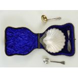 Silver scallop shaped dish and knife, London hallmarks,