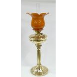 Vintage brass column oil lamp with later glass shade and a Reproduction cast iron railway warning