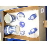 A mixed collection of Wedgwood dip blue items including vases, lidded pot, ash trays, trinket boxes,