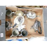 A collection of silver plated and pewter items including tea and coffee pats,