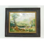 Handpainted plaque of landscape and river scene by Keith Hancock in oak frame,