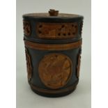 Indonesian carved bamboo storage pot/tobacco jar with lead liner ethnic carving to exterior.