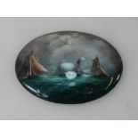 Hand painted Royal Doulton plaque with ship scene - signed A Scott. Large chip to back. 7.