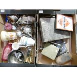 2 trays including pewter miniature boots, musical jug, tea service, cigarette box, candelabra,