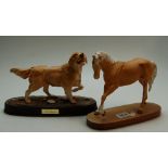 Beswick Matte Palomino Horse on wood plinth and Beswick The Retriever on oval ceramic base.