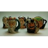 Royal Doulton large character jug Catherine of Aragon D6643, Neptune D6548, The Trapper D6609,