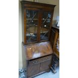 20th Century inlaid and x banded astral glazed bureau bookcase