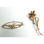 Victorian 9ct seed pearl bird brooch and 9ct gold flower brooch, 4.