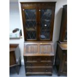 20th Century oak linenfold bureau bookcase with leaded glazed doors