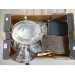 A collection of vintage silver plated items including salver, large ornate tray, revolving tureen,