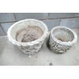 3 stone garden planters, including a squared garden stone planter, one in a wicker basket design,