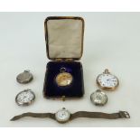 Six assorted watches including silver coloured metal cased ladies watch with gold coloured dial,