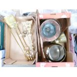 A mixed collection of copper and brass items to include bowls, measure,