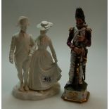 Unmarked ceramic figure of Napoleonic Officer and his Sweetheart together with Capo-Di-Monte