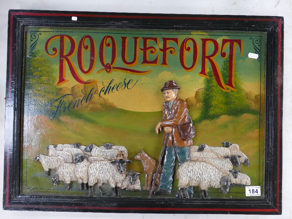 3 dimensional 1970's wood and plaster Roquefort Cheese advertising board.