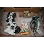 A mixed collection of items to include large Staffordshire dog, hand decorated glass vase,