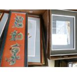A mixed collection of multi media art work including Oriental influenced framed items,