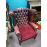 Thomas Lloyd Chesterfield Queen Anne ox blood wingback armchair (in need of attention,