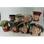 A collection of Royal Doulton large character jugs comprising Pied Piper, Mine Host, Smuggler,