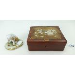 Japanese Shibayama lacquer jewel or work box together with Royal Naples Capodimonte dog figure