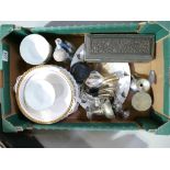 A mixed collection of ceramic items to include - silver plated trophies carved wooden pen/brush box,