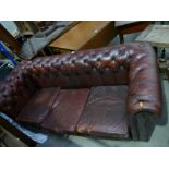 Ox blood leather Chesterfield 3 seater settee (tears to both arm ends,