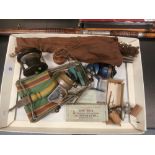 Collection of vintage fishing tackle including rod, bakerlite reel and landing net