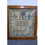 19th Century sampler with decoration of Adam and Eve in maple frame