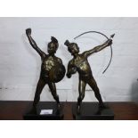 Pair of bronzed figures of Gladiators on rectangle base