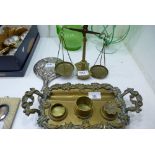 Old brass inkwell and 2 other items of metalware