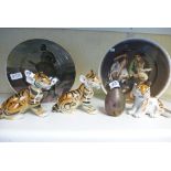 Two collector plates, 3 USSR models of tigers and Isle of White paper weight