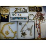 Box of costume jewellery including Trifari necklace set, white coloured metal niello snake bangle