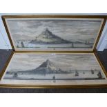 Pair of antique coloured engraving of St Michaels mount, South East and South W Prospect 82cm x 32cm