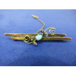 9ct yellow gold bar brooch set with an opal A/F and  seed pearls, stamped 9ct approx 3g