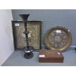 Middle Eastern brass plate, framed elephant embroidery, treen vase and an inlaid box