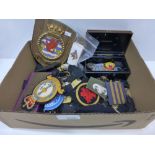 Box Military cap badges, Players cigarette cards etc