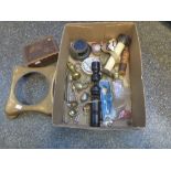 Box of collectibles incl. brass stand, medallions, spirit labels etc